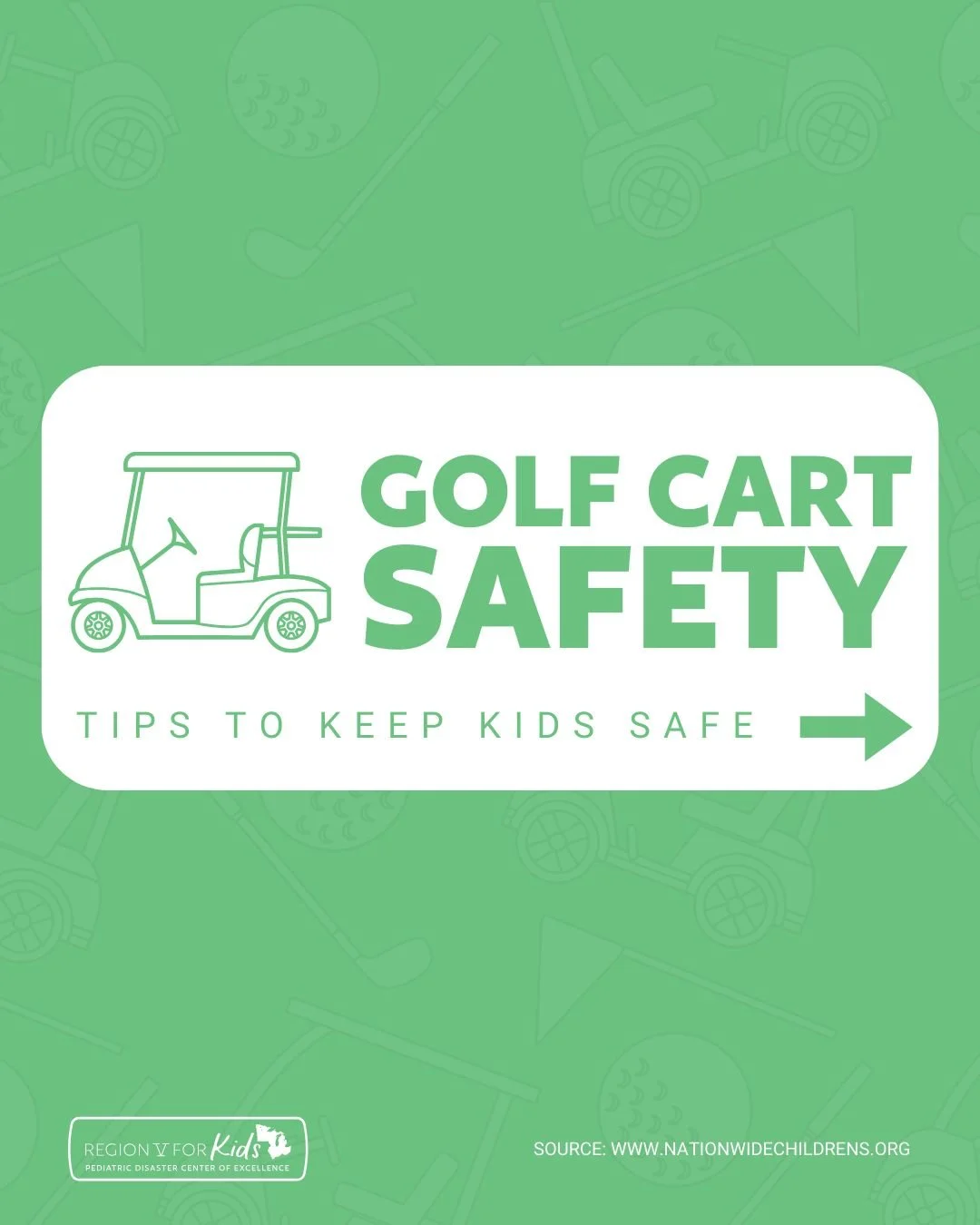 Golf is a great way to get out and enjoy the outdoors with your family, but golf carts can be dangerous - especially when little ones are hitting the links. 

Keep golf cart drivers and passengers safe with these tips from @nationwidekids (visit the 