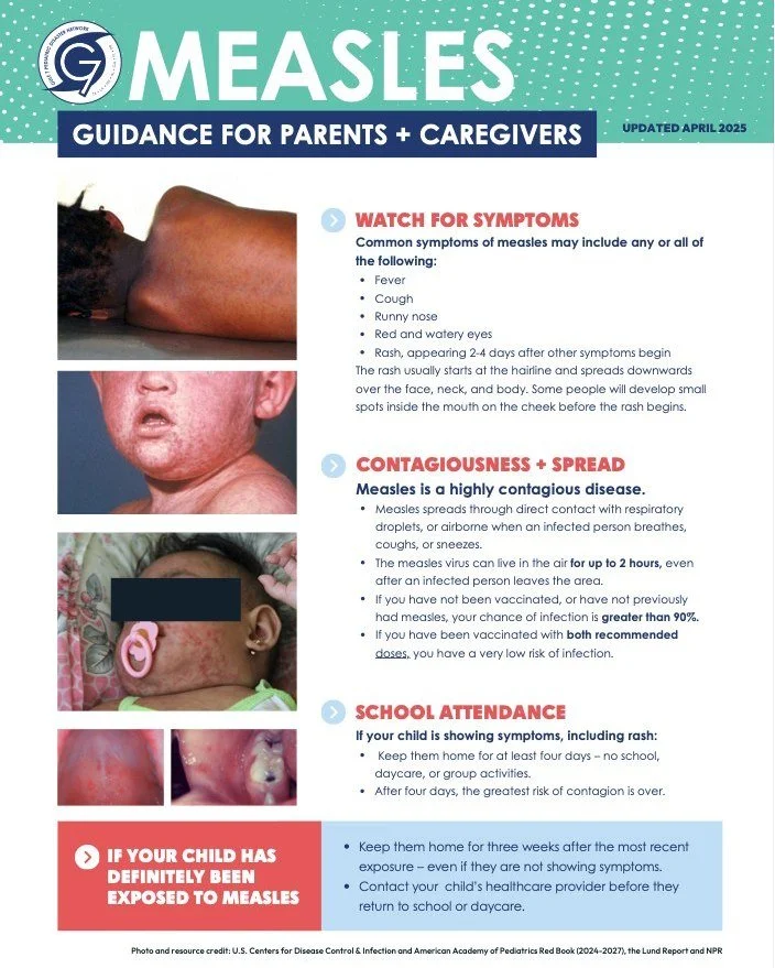 Measles spreads easily through the air and is highly contagious. Common symptoms include fever, cough, runny nose, red eyes, and a rash. If you or your child have symptoms, stay home for at least four days to help prevent spreading illness.

Learn mo