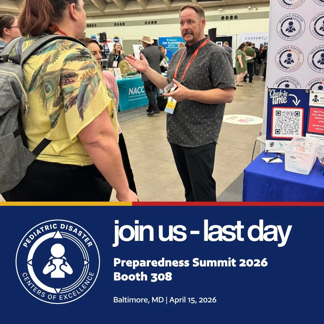 Last chance to find us at #PreparednessSummit2026! 🚨 Today's the final day &mdash; swing by Booth 308 before it's over. Come chat pediatric disaster preparedness with our team. 📍 Baltimore, MD | April 15 #PediatricDisaster #DisasterPreparedness