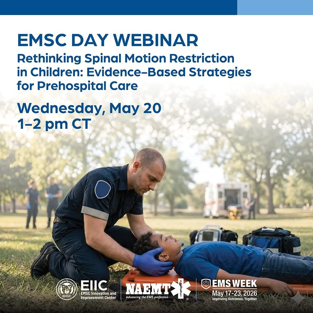 From our friends at EMSC/EIIC:

Celebrate EMS Week 2026: May 17&ndash;23
EMSC Day: May 20

This year&rsquo;s EMS Week theme, &ldquo;Improving Outcomes, Together,&rdquo; recognizes the lifesaving impact EMS clinicians make every day &mdash; especially