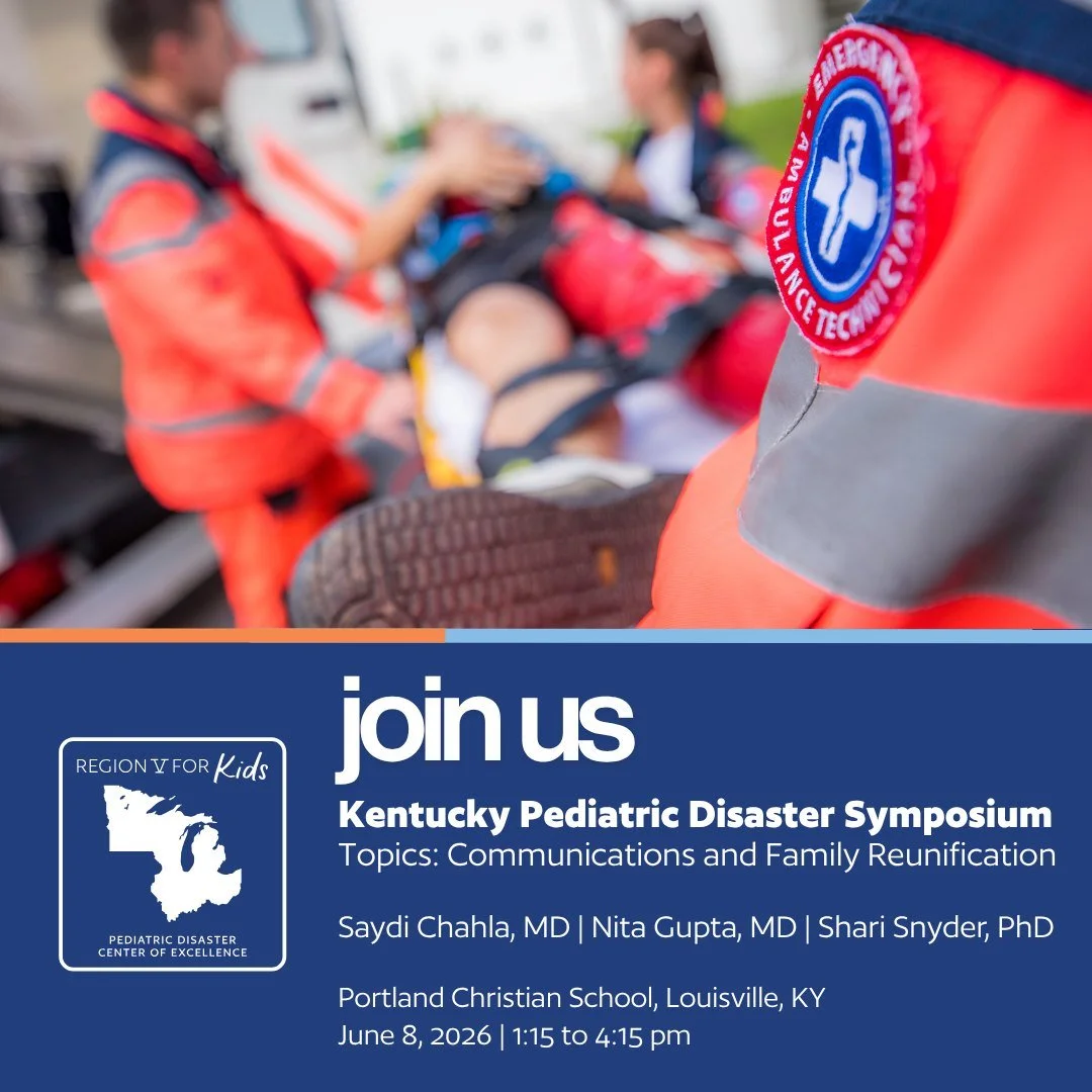 Join Saydi Chahla, MD, Nita Gupta, MD, and Shari Snyder, PhD at the Kentucky Pediatric Disaster Symposium for discussions on communications, family reunification, and pediatric disaster preparedness.

📅 June 8

📍 Portland Christian School

#Pediatr