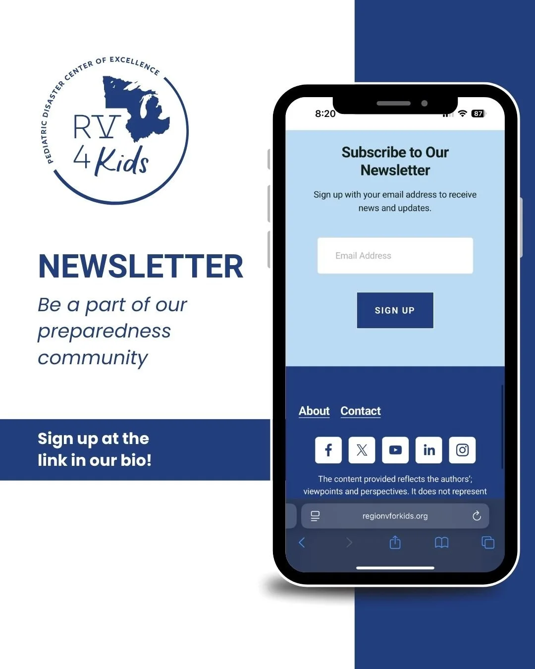 Don&rsquo;t miss updates from Region V for Kids. 💙

Subscribe to our newsletter for timely resources and information supporting children, families, and preparedness.

Join today by visiting the link in our bio.

#RV4K | #PediatricPreparedness