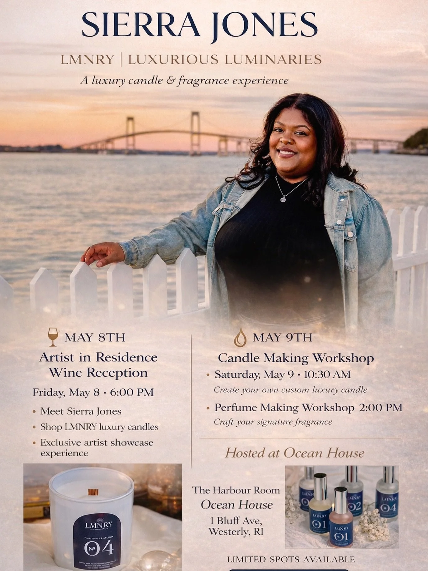 I&rsquo;m so excited to officially invite you to something really special.

I&rsquo;ll be the featured Artist in Residence at @oceanhouseri , hosting a two day luxury candle and fragrance experience with LMNRY.

We&rsquo;re starting Friday evening wi