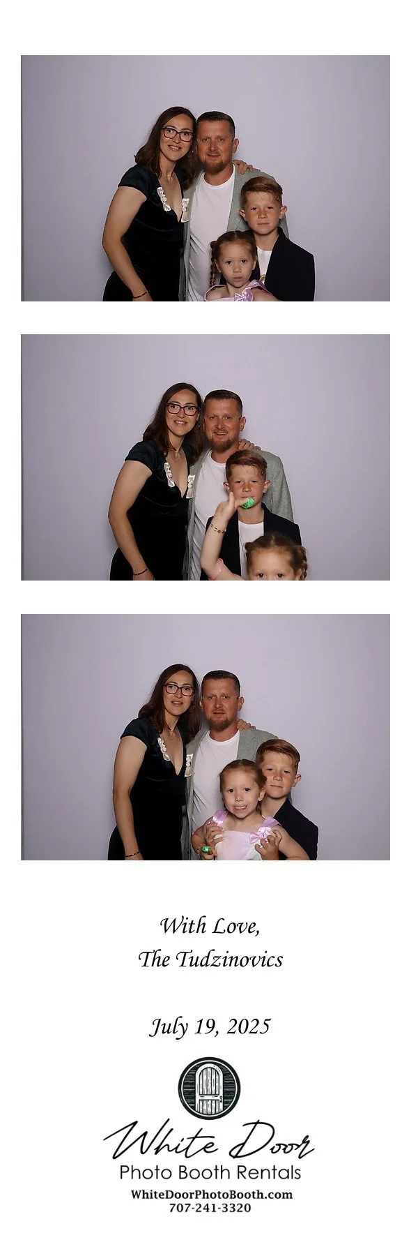 A photo strip of three images of a family of four, including a woman with glasses and two children, a man with a beard, smiling and posing together against a plain background. The third image shows the children, with some props, and a sign with detai