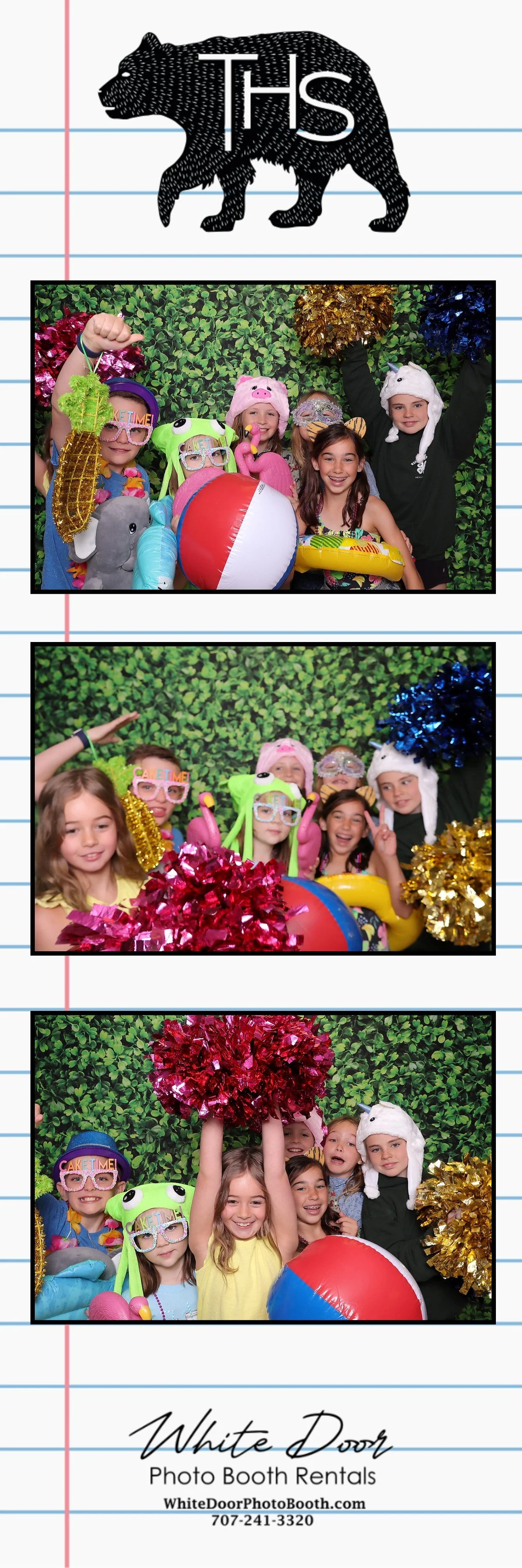 Photo booth strip featuring children at a party, wearing colorful costumes, holding props like beach balls, flamingo inflatables, pom-poms, and making playful gestures with a green leafy backdrop.