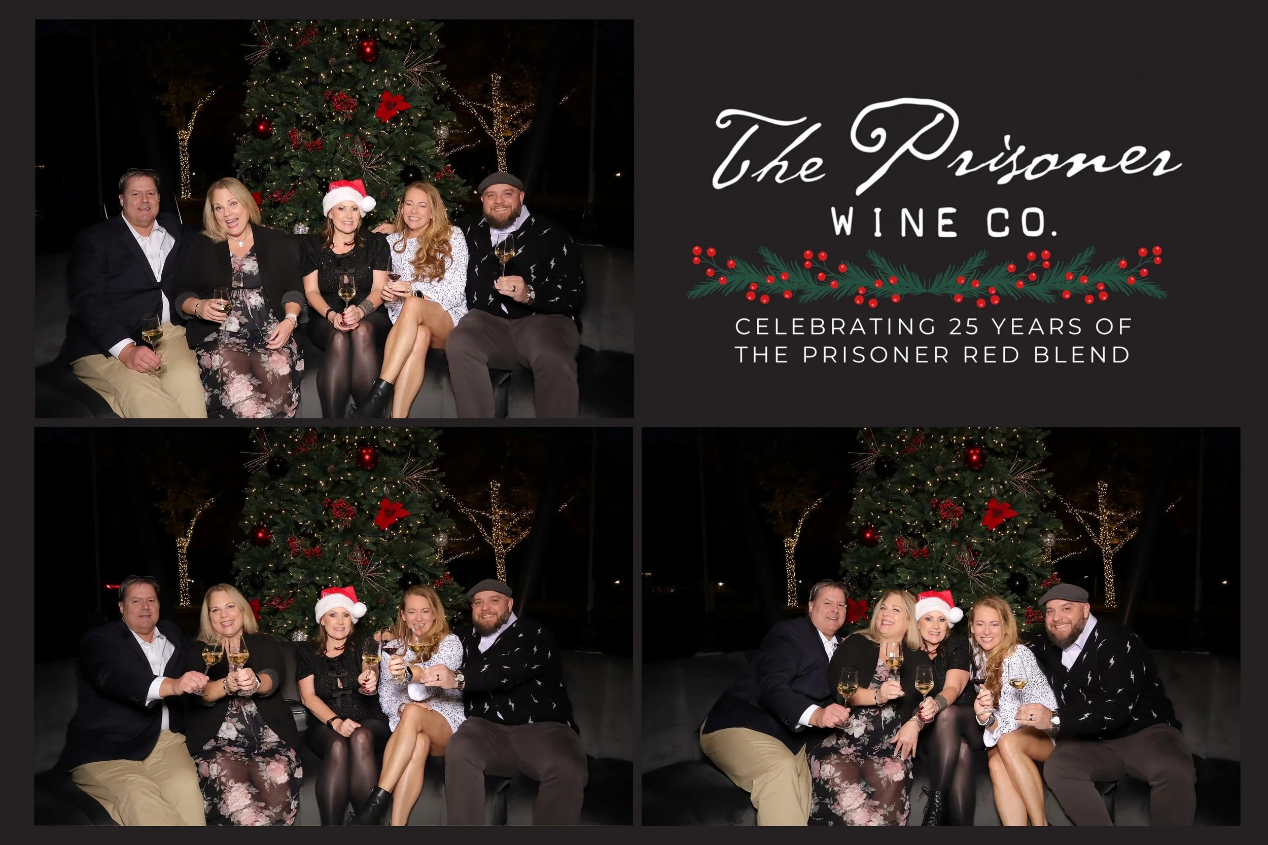 Celebration of 25 years of The Prisoner Wine Co., with four people sitting on a black couch in front of a decorated Christmas tree, holding glasses of wine, outdoors at night.