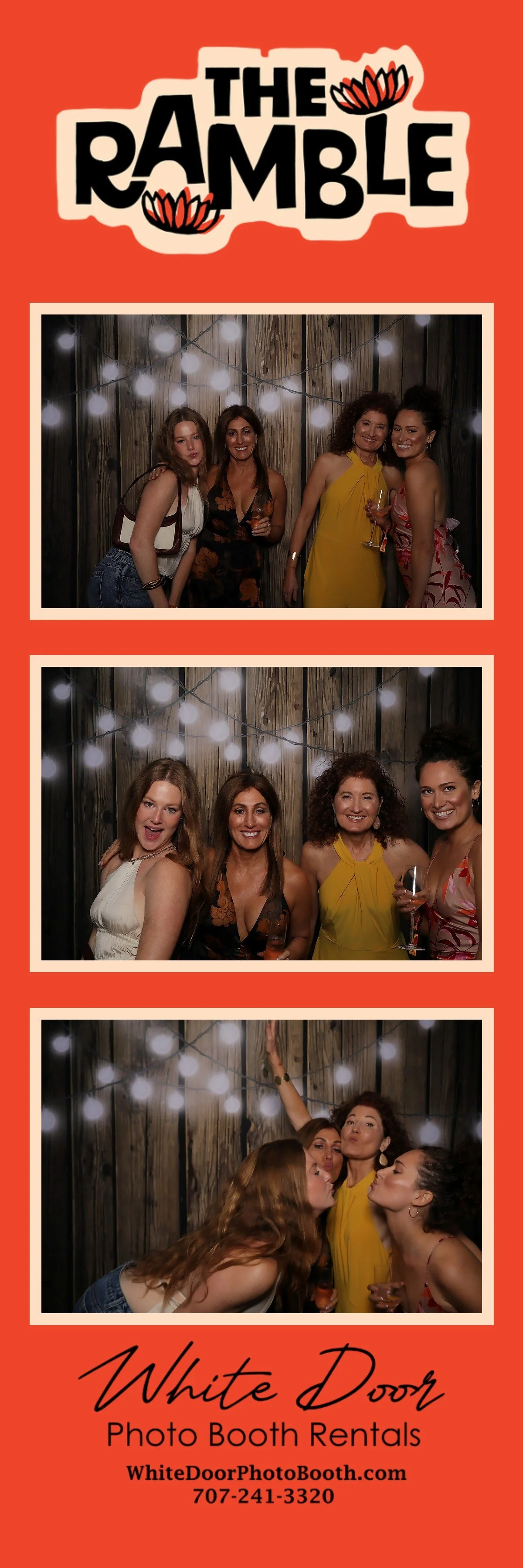 Photo booth strip with three pictures of four women celebrating, with string lights and wooden background, and logo for White Door Photo Booth Rentals at the bottom.