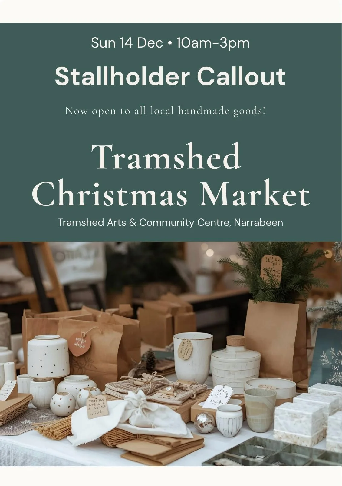 Calling all local makers 🌿

I&rsquo;ve just opened the Tramshed Christmas Market (Sun 14 Dec) to all handmade goods, not just ceramics.

Ceramics, art, candles, jewellery, prints, homewares &mdash; all welcome, limited tables available. 

Indoor ven