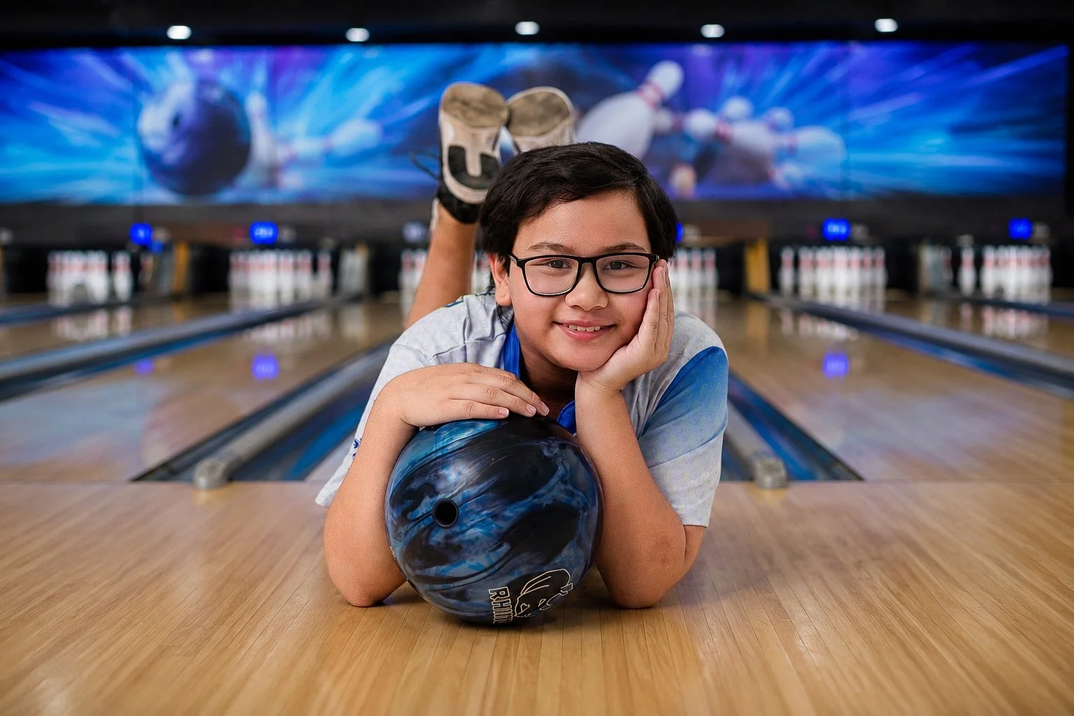 A young boy with glasses and dark hair lying on a bowling lane, resting his head on his hand and holding a black and blue bowling ball, smiling at the camera in a bowling alley.