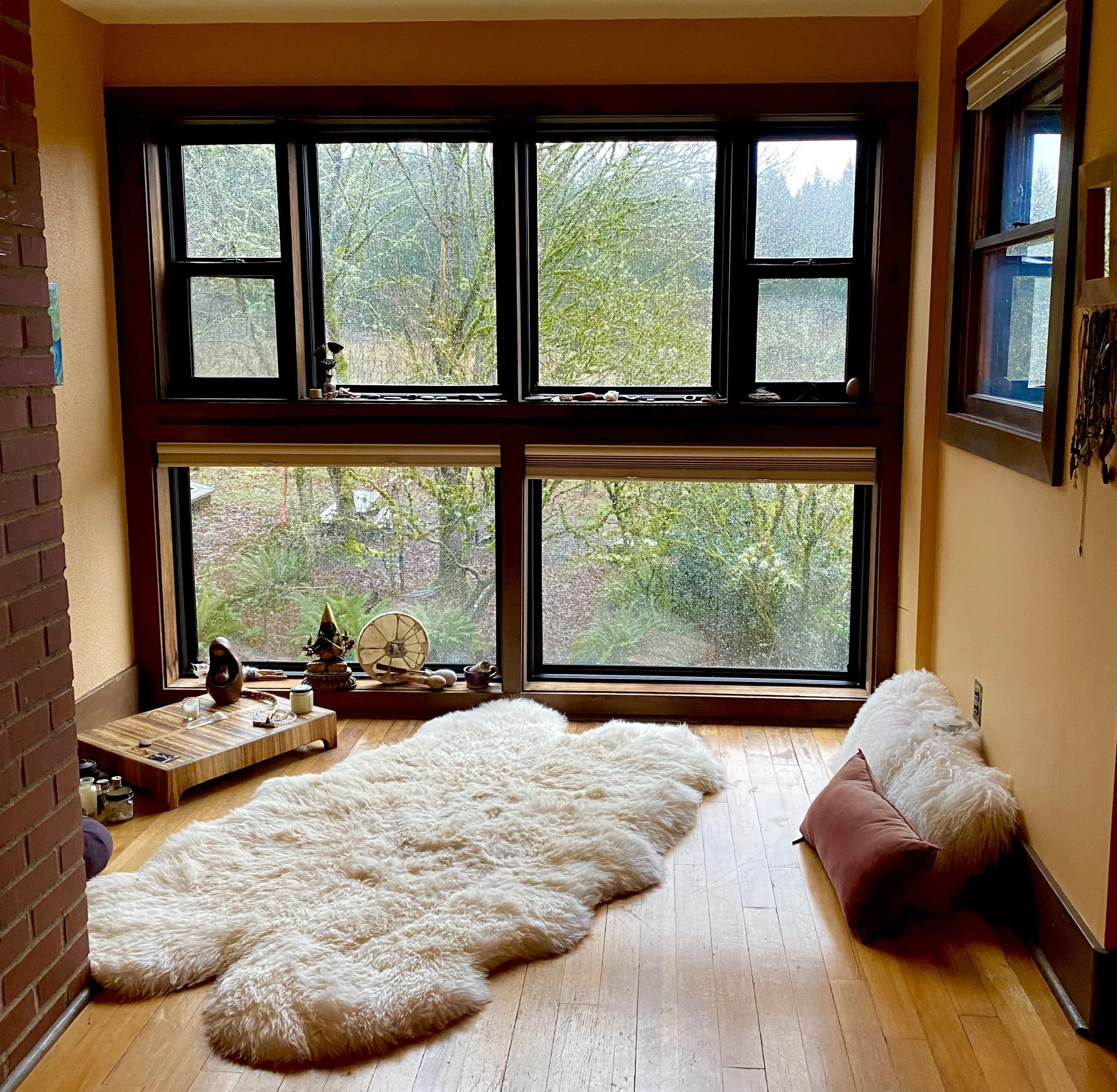 A cozy corner by large windows overlooking a lush green outdoor scene. There is a plush white rug on the wooden floor, a cushioned brown pillow, and various decorative items on a small wooden tray. The space appears warm and inviting with natural lig