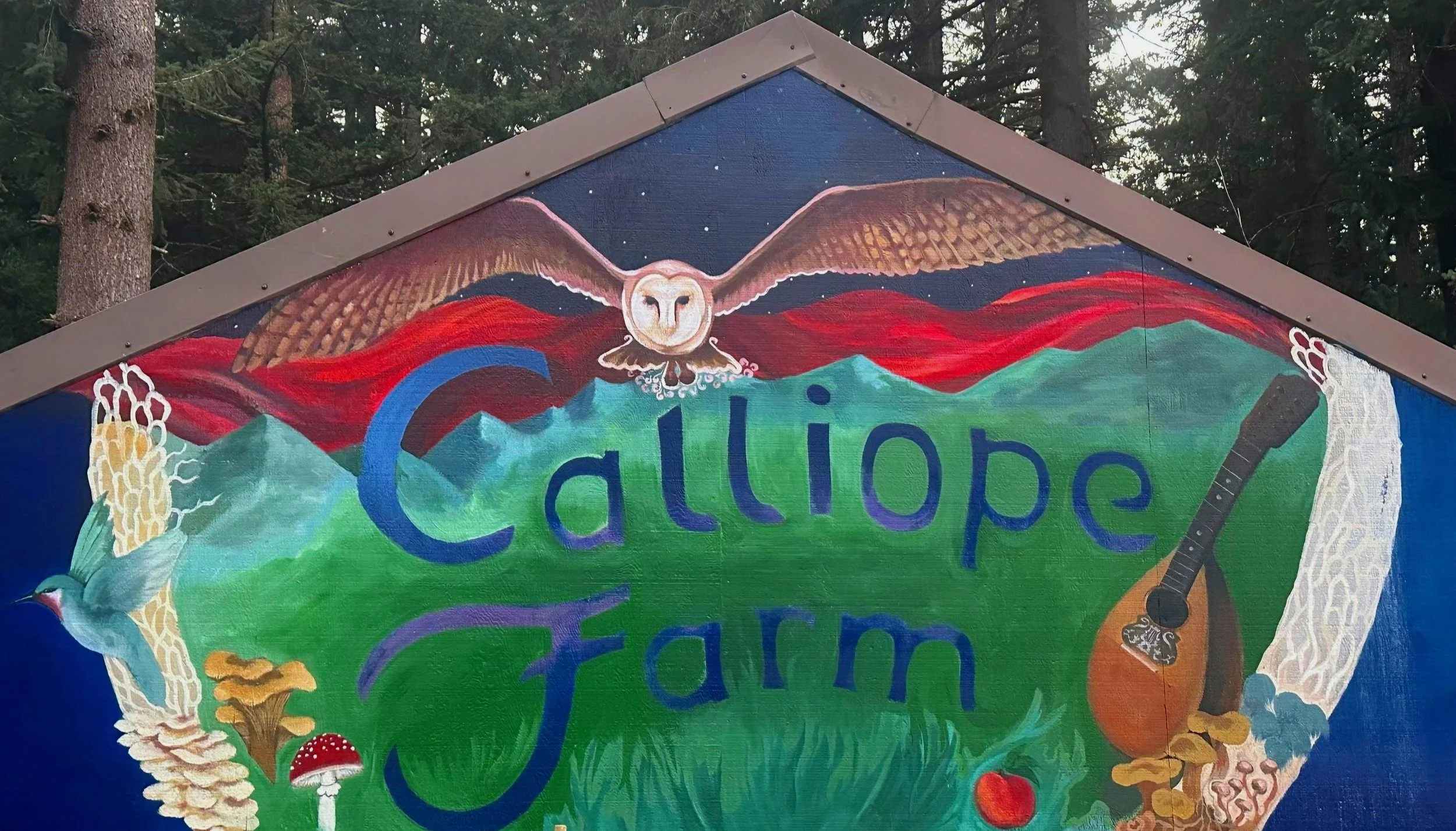 Colorful mural art for Caliope Farm featuring an owl at the top, a bird on the left, a guitar on the right, various plants and mushrooms, set against a mountain backdrop and a starry sky.