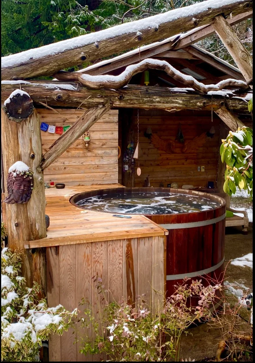 An outdoor hot tub with water, surrounded by a wooden deck and structure with snow on the roof and plants around.