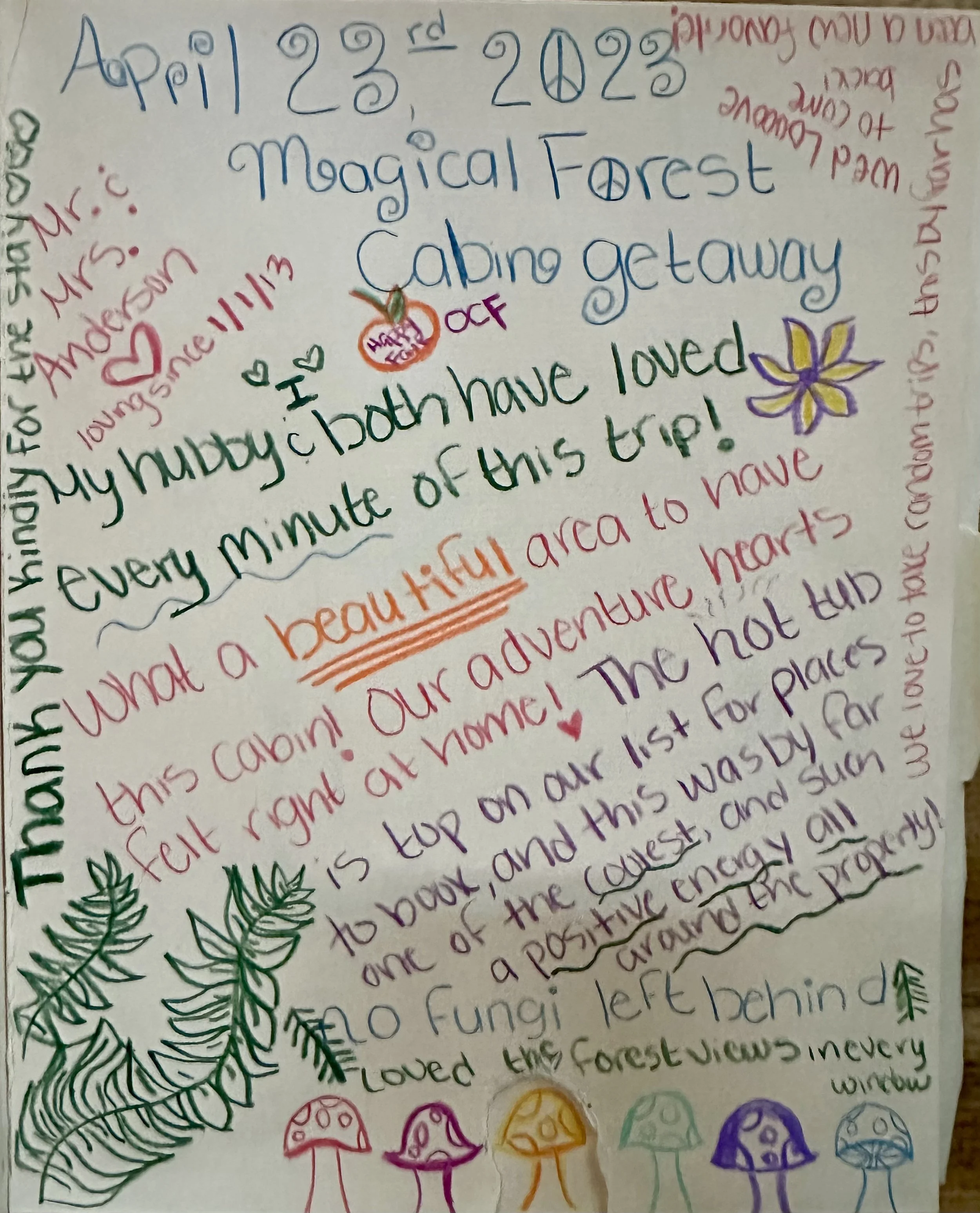 Colorful handwritten note about a camping trip in April 2023, with drawings of mushrooms, ferns, and a flower, and various colored texts.