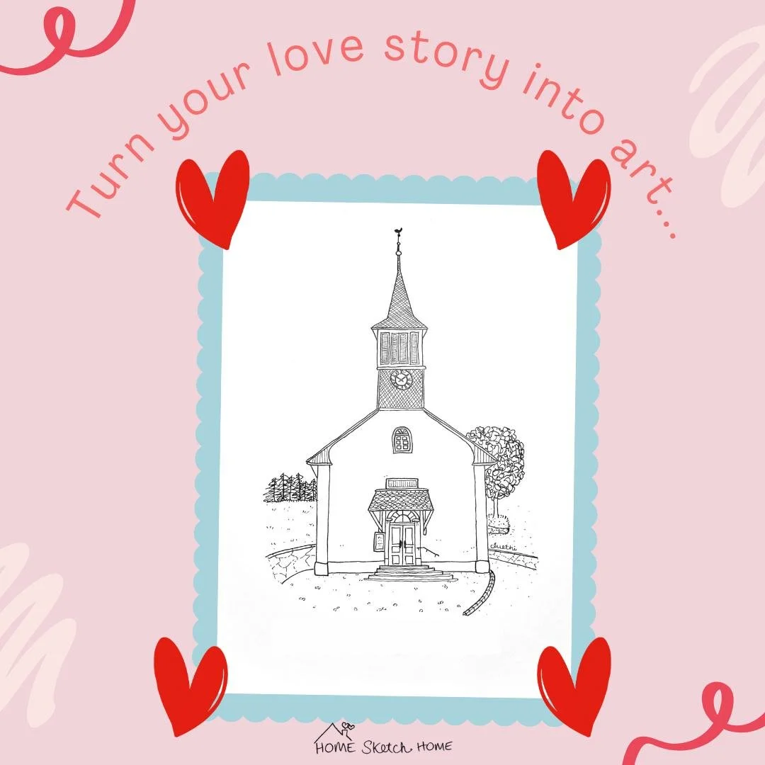 I recently drew this church for a couple who shared their very first kiss here.

Years later, that moment still mattered. Enough to turn it into a keepsake.

That is the heart of Home Sketch Home: capturing meaningful places and turning them into han