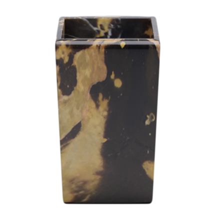 A square-shaped container with a marbled black and brown pattern.