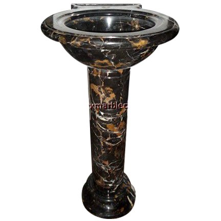 A marble-patterned pedestal stand with a wide, shallow bowl at the top.