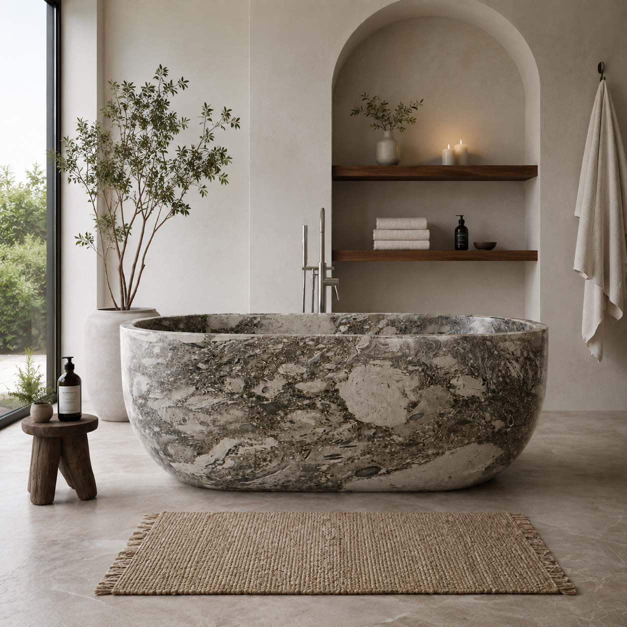 Modern bathroom with a marbled bathtub, large window, potted plant, wooden stool with soap dispenser, woven rug, open shelving with towels, candles, and toiletries, and a hanging towel.