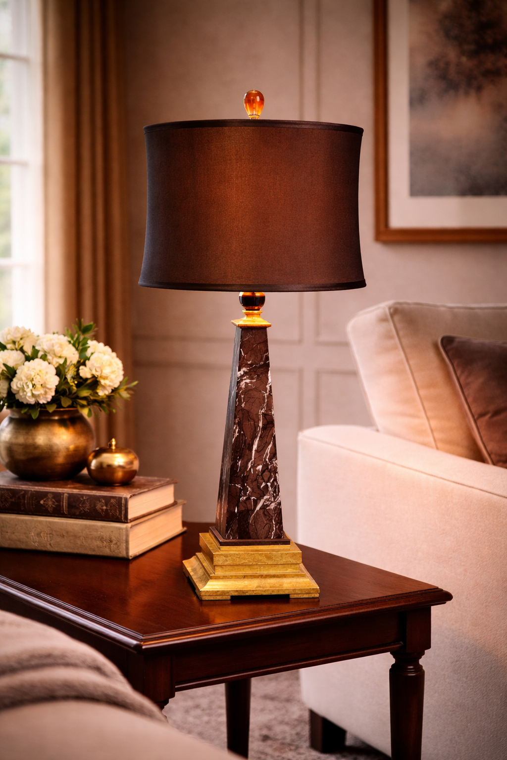 31" Tall Marble Table Lamp "Perseus", Chocolate and Caramel