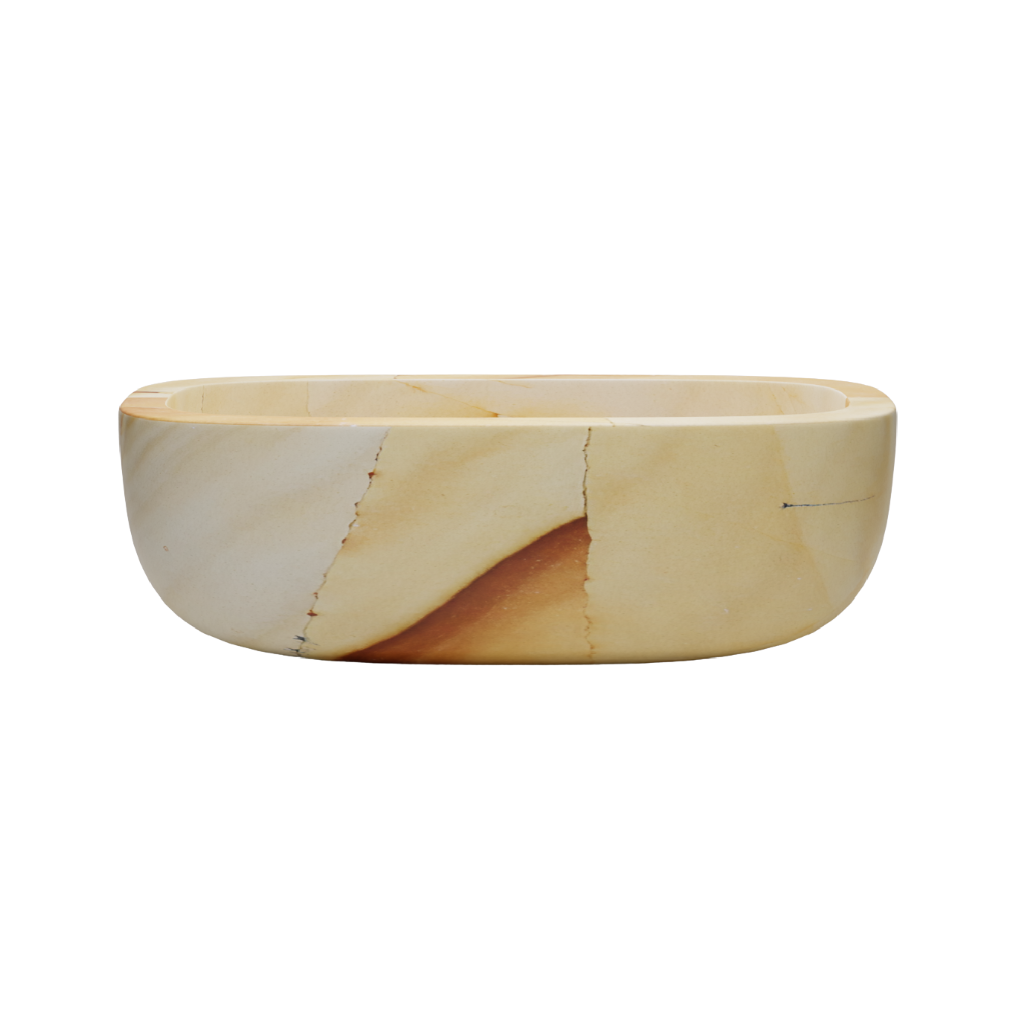 A round, smooth, beige marble bowl with natural veining.