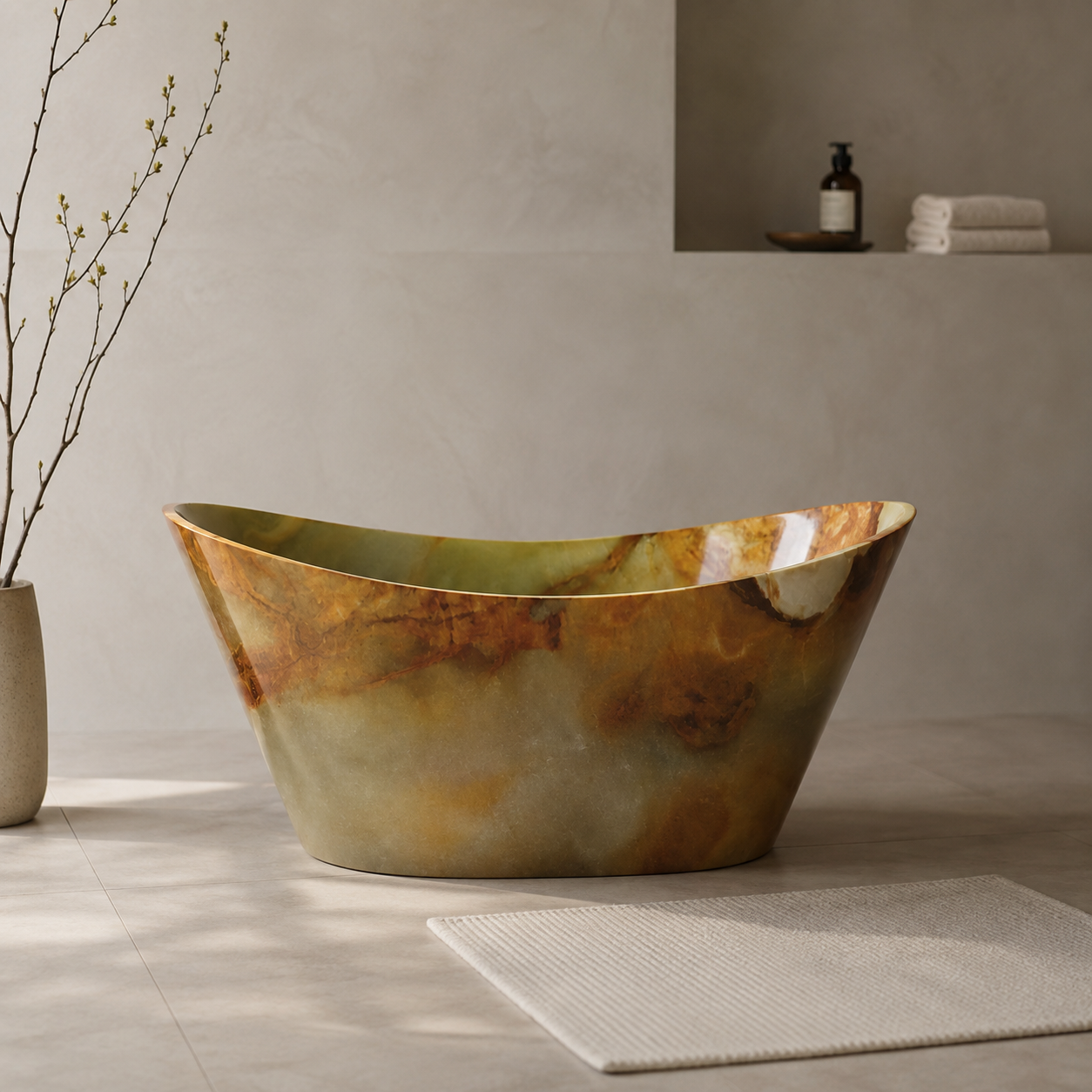 A marble bathtub with shades of brown, green, and cream in a minimalist bathroom with neutral-colored walls and floor, a beige rug, a tall vase with branches, and shelves holding towels and a soap dispenser.