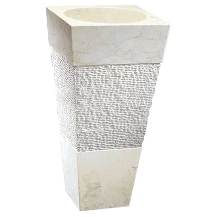 A tall, rectangular stone pedestal with a textured middle section and a smooth top and bottom, set against a white background.