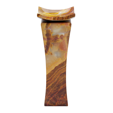 A sculpture made of colorful, polished stone resembling marble or onyx, shaped into a tall, curved pedestal with a rounded top piece.