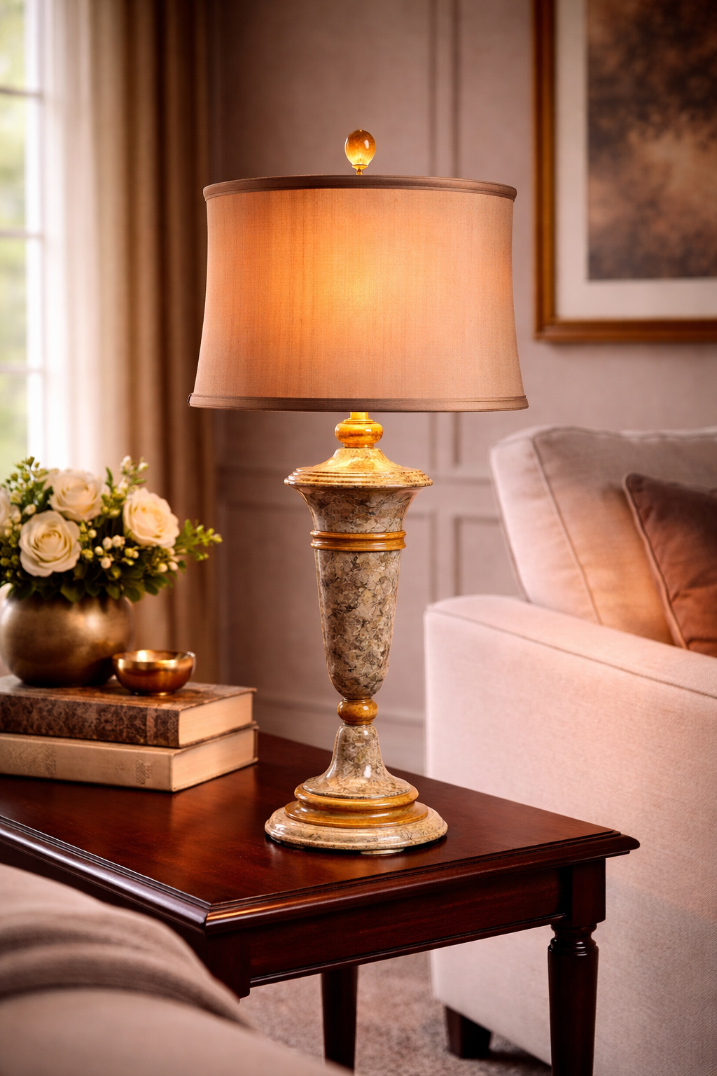32" Tall Marble Table Lamp "Galileo", Fossil and Caramel