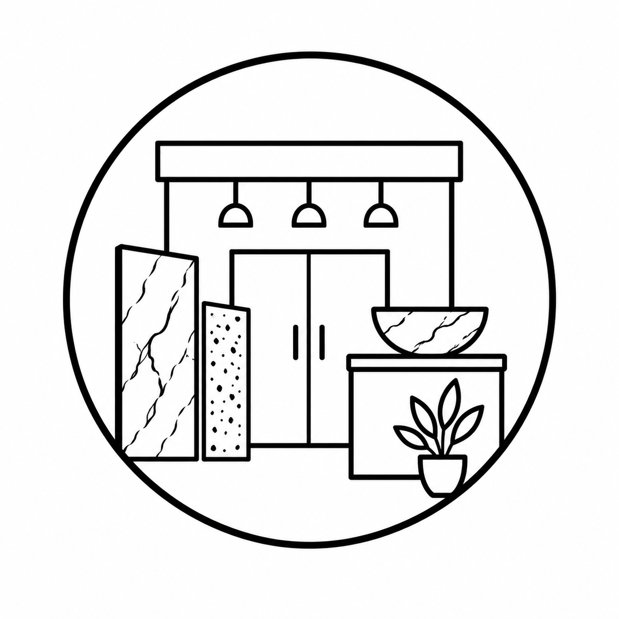 Line drawing of a spa or wellness center entrance with hanging lights, a glass door, a rectangular mirror, a bowl with water, a potted plant, and decorative stones.