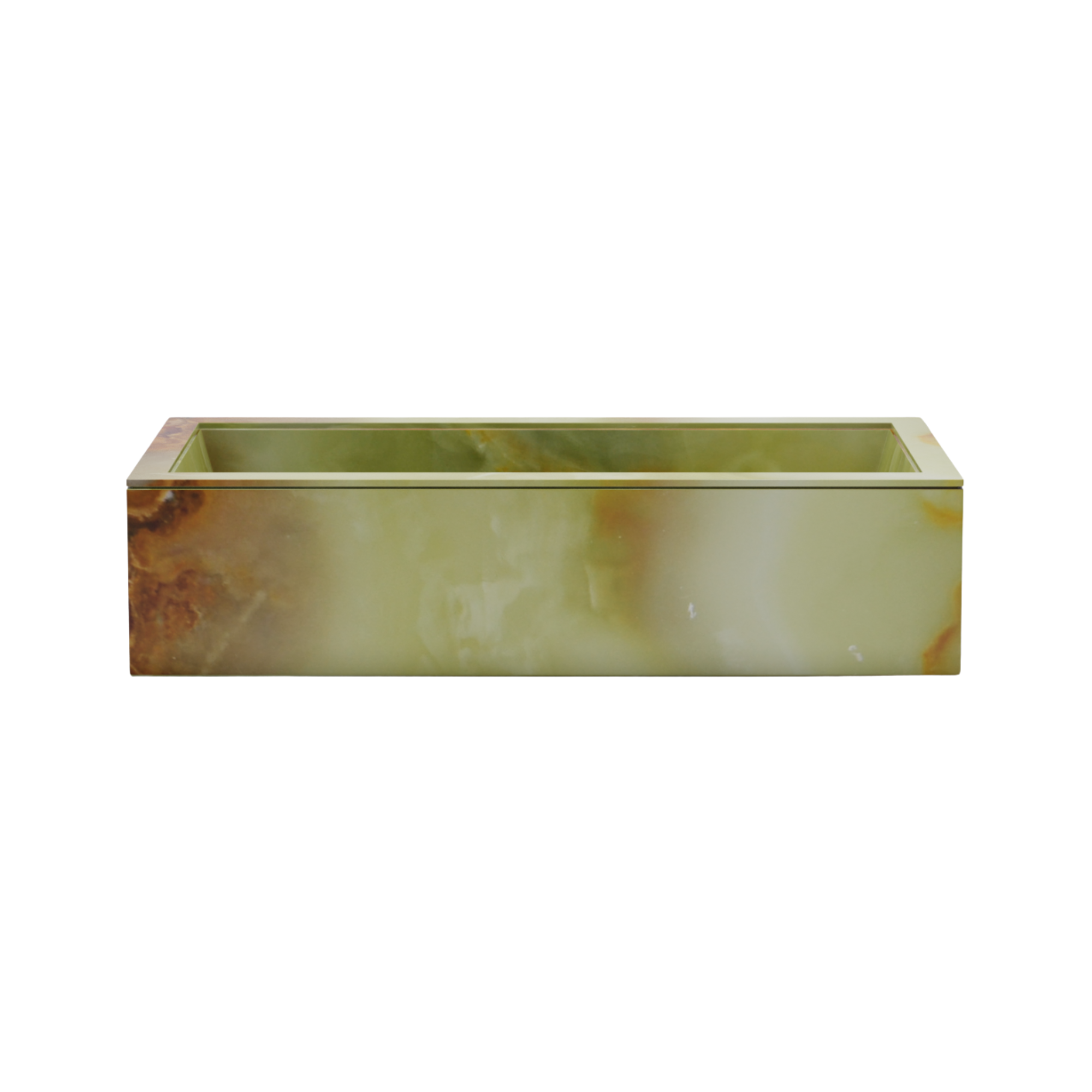 A rectangular box with a marbled green and orange exterior and a solid green interior.