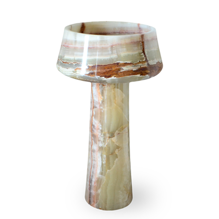 A decorative lamp made of polished onyx with a cylindrical base and a wide, shallow lampshade.