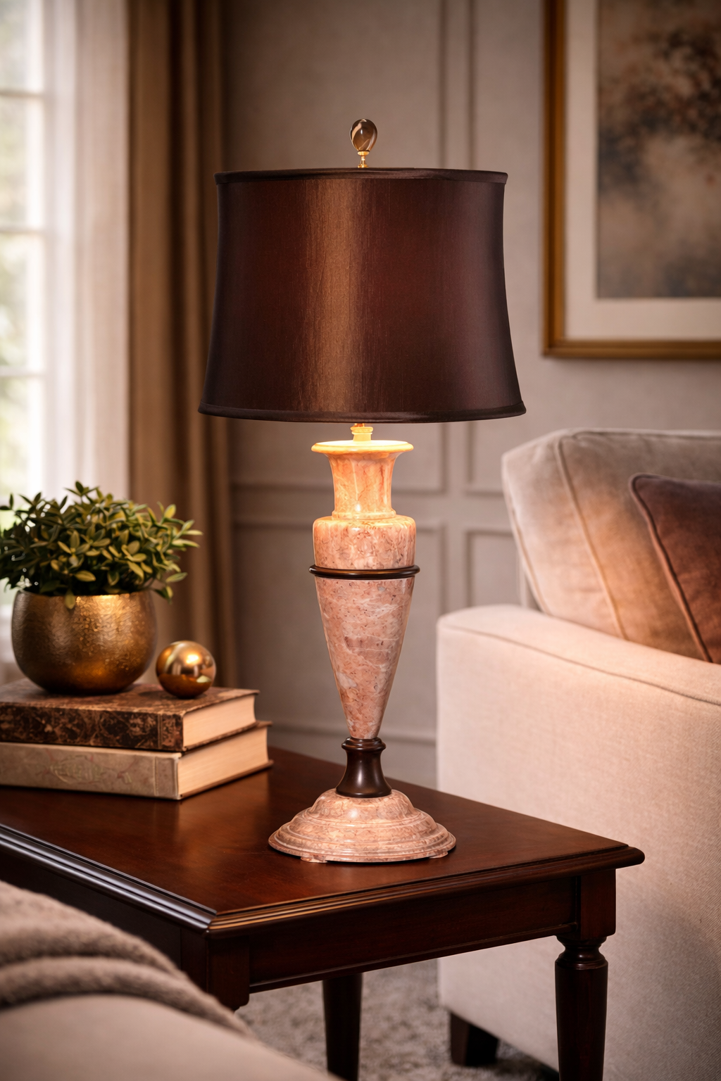 32" Tall Marble Table Lamp "Helene", Pink and Chocolate