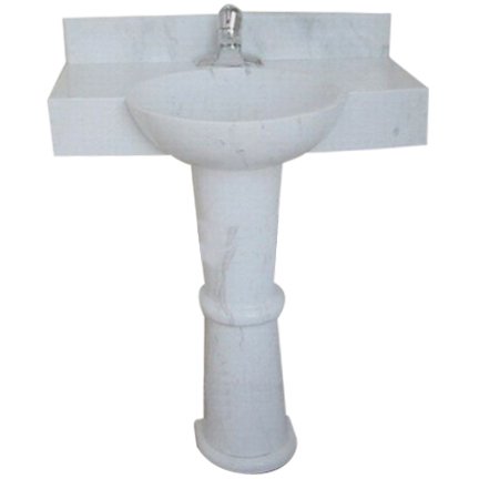 White bathroom sink with attached countertop and single faucet.