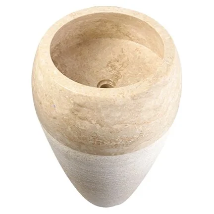 A beige stone or ceramic vessel with a rounded top and a hollow interior.