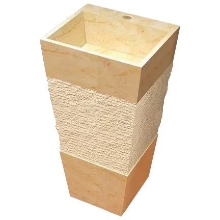 A tall, rectangular planter box made of various types of stone and concrete materials.