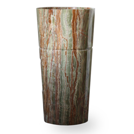 A tall cylindrical vase made of multicolored stone with red, green, and cream streaks.