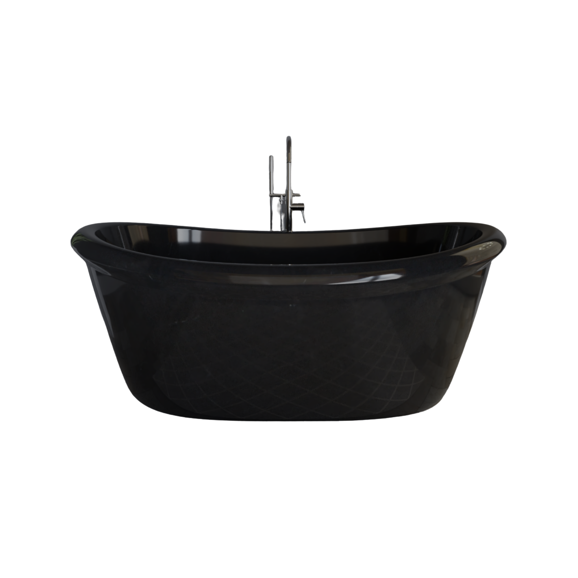 Black sink with chrome faucet, isolated on white background.