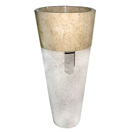 A tall, two-tone ceramic or stone fountain with a beige top section and a white lower section, featuring a rectangular spout in the middle.