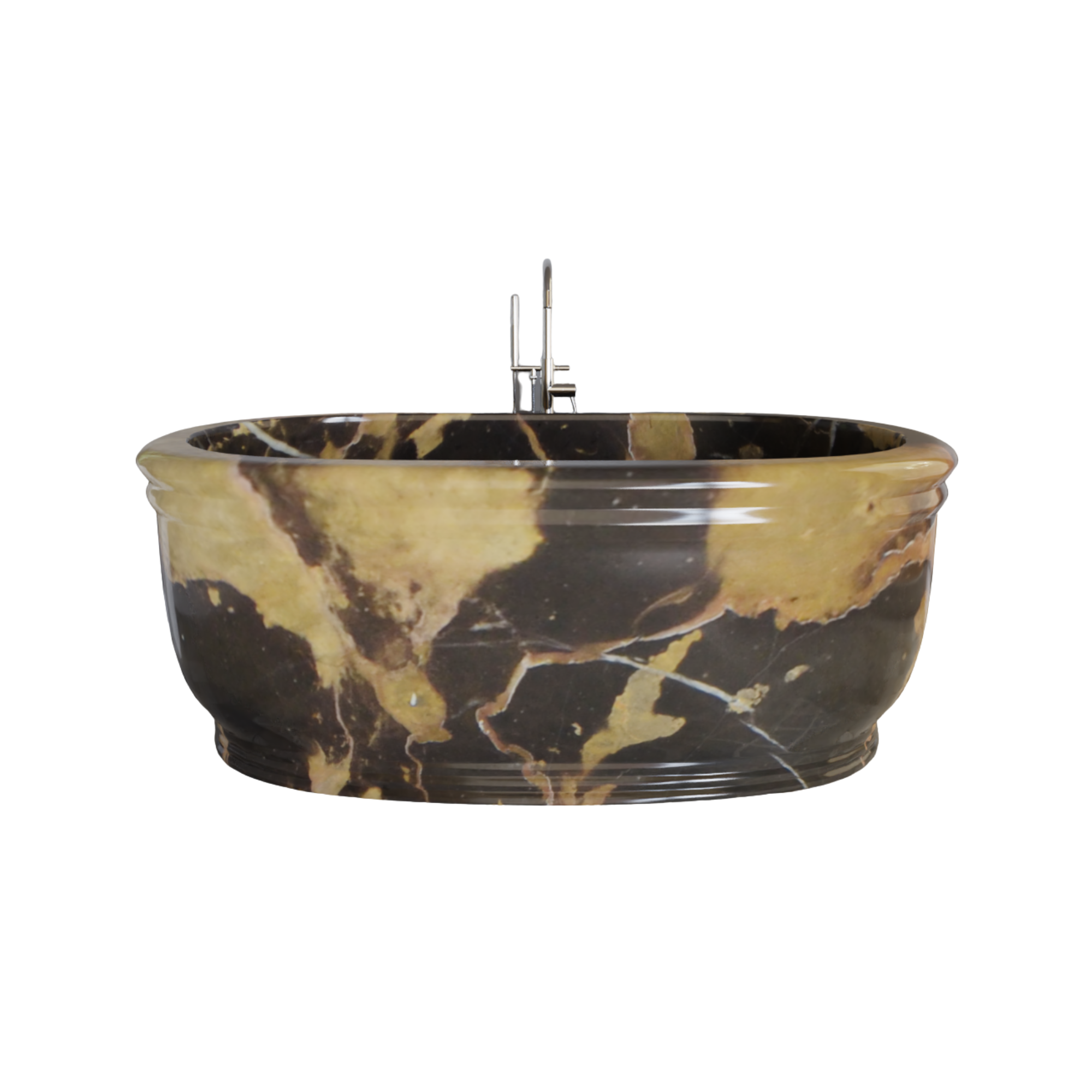A marble sink with a silver faucet and handles.