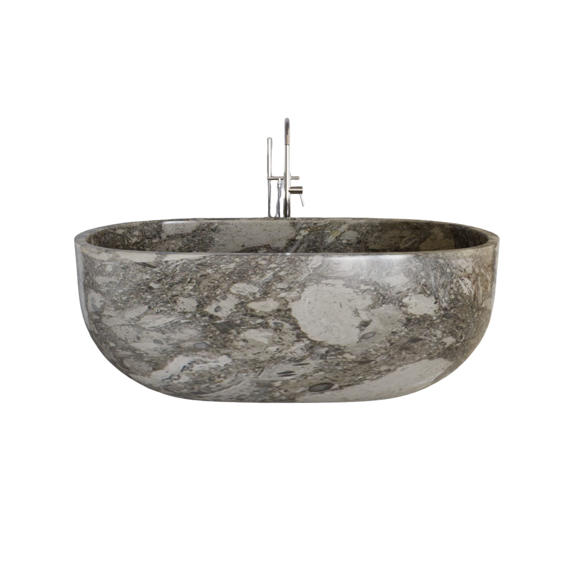 A marble sink with a chrome faucet.