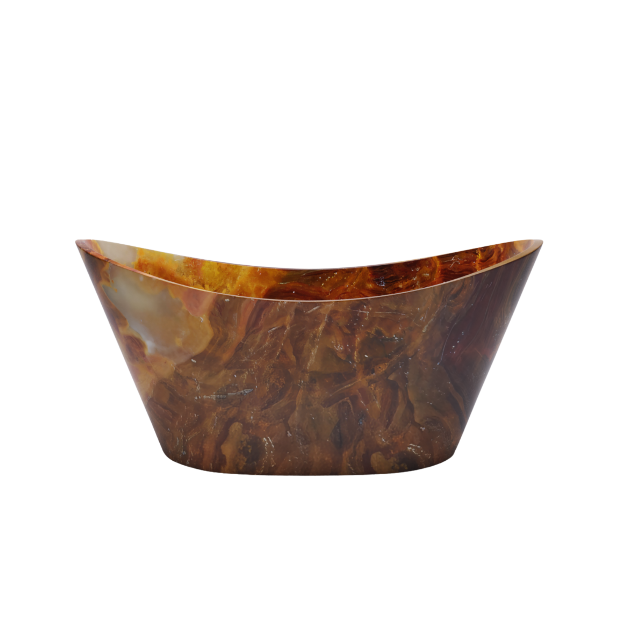 Marbled brown and amber colored ceramic bowl.