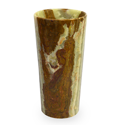 Marbled stone tall cylindrical vase with green, brown, and beige patterns.