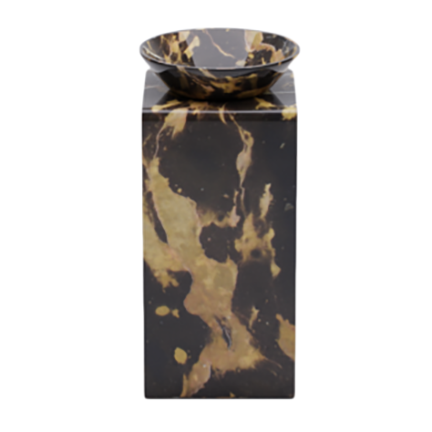 A tall, rectangular black and gold marbled vase with an open, wide, shallow bowl on top.