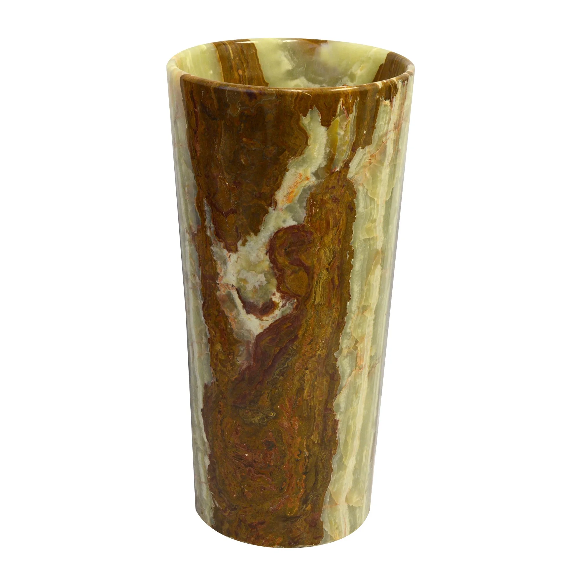 Close-up of a cylindrical marble or onyx vase with swirling brown, cream, and greenish hues.