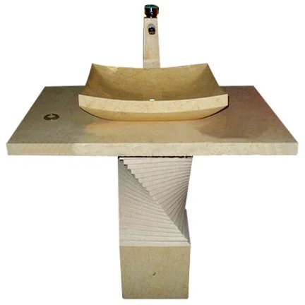 A beige or light-colored bathroom sink with a curved basin, mounted on a geometric pedestal with stacked rectangular blocks, and a single faucet with a black handle.