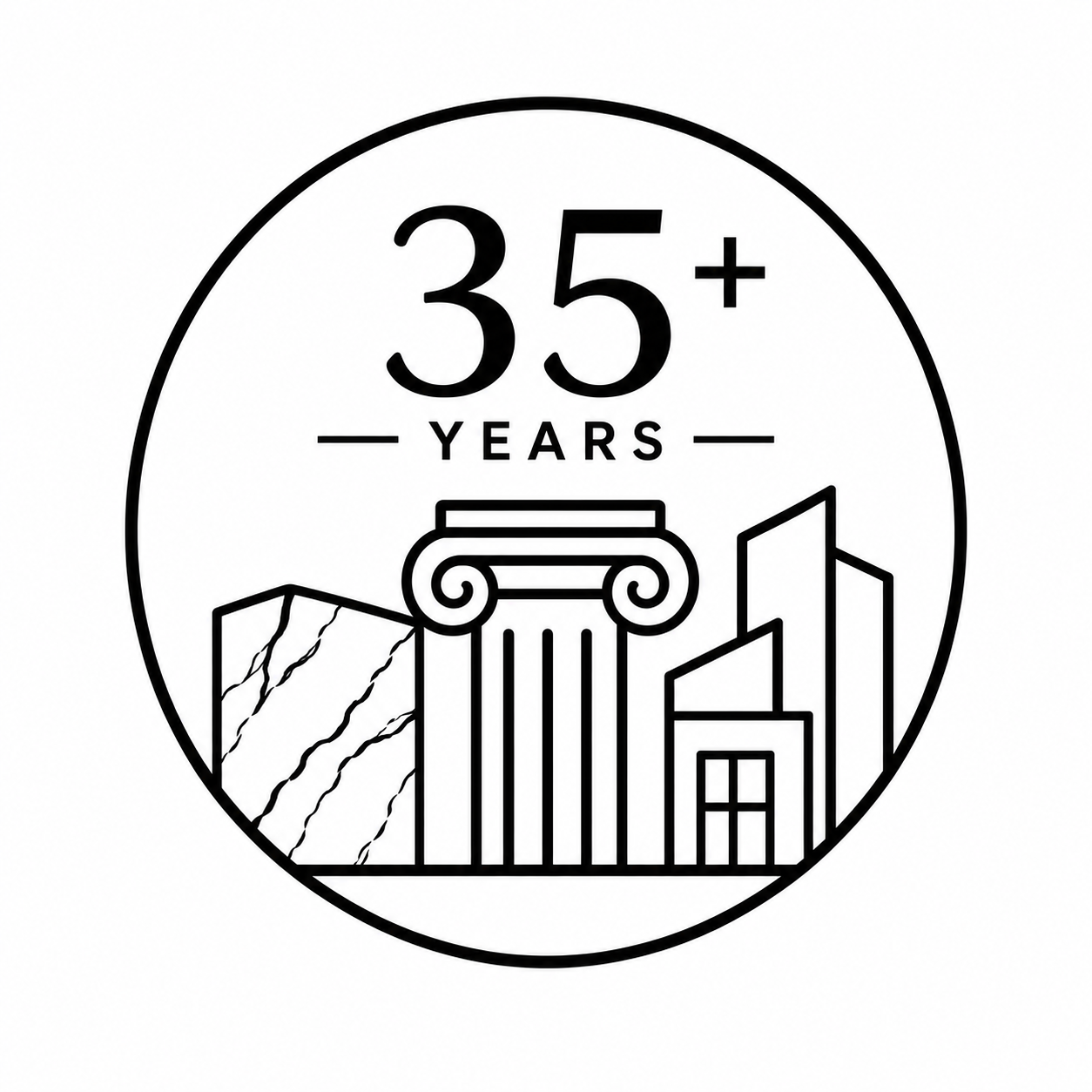 A circular badge celebrating 35+ years, featuring illustrations of a ruined building, a classical column, and modern buildings.