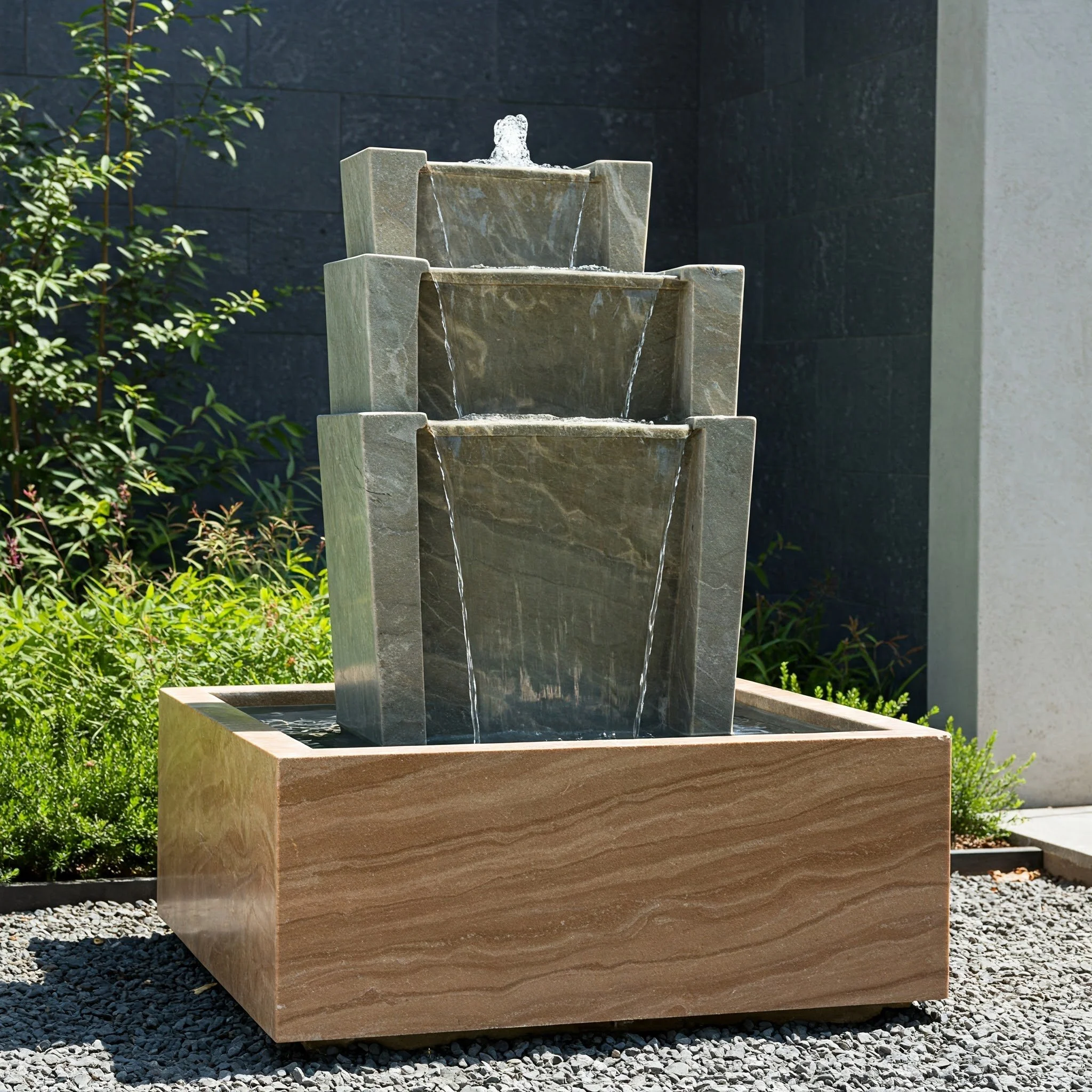 A three-tier stone fountain with water flowing from the top tier, situated outdoors on a gravel surface, with greenery and a dark gray wall in the background.