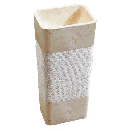 A decorative beige stone planter with a textured middle section.