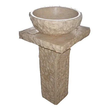 Stone pedestal with a carved stone bowl on top.