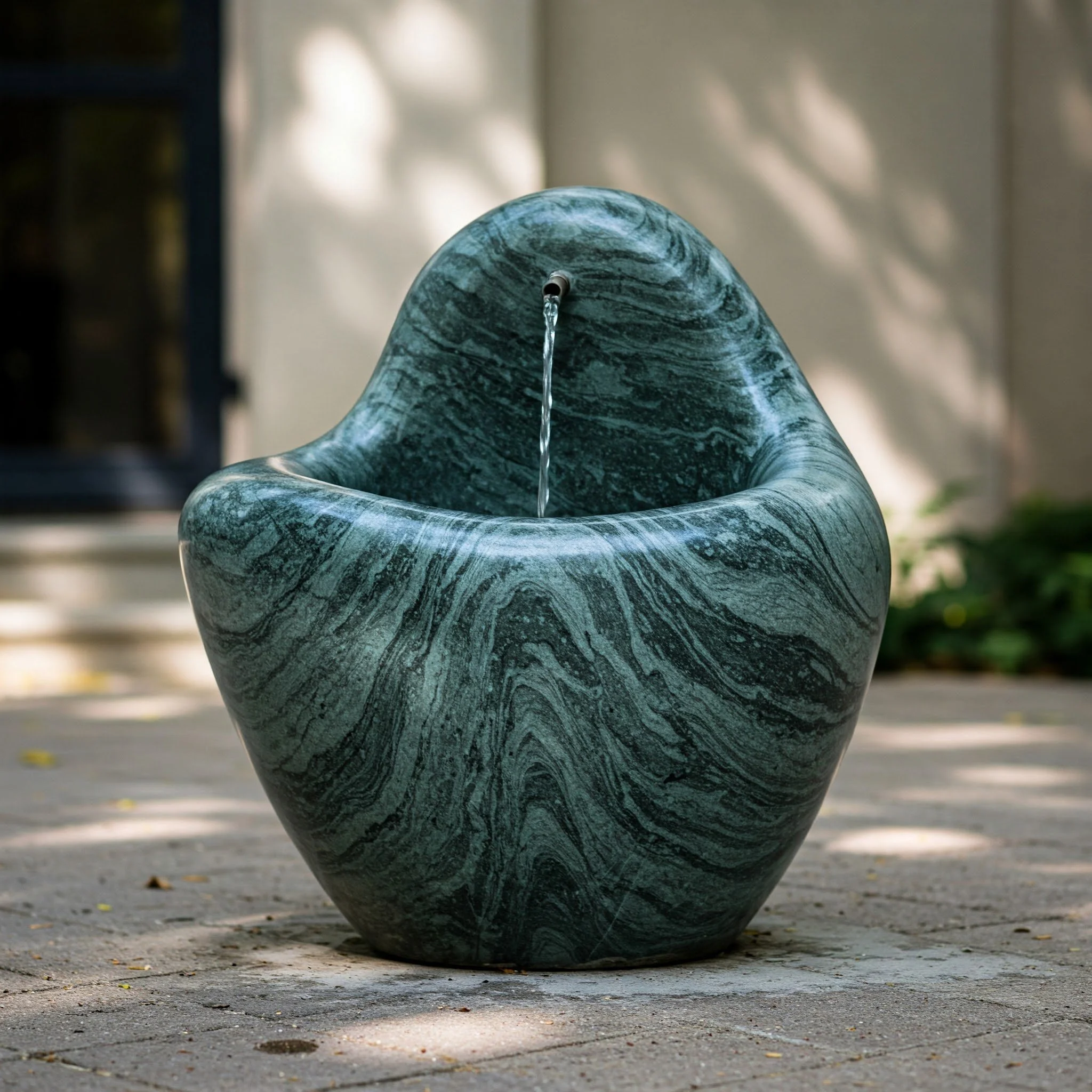 A marble fountain with a water spout on top, located outdoors on a concrete ground with some fallen leaves.