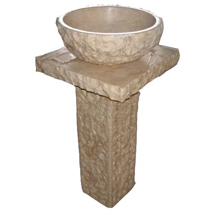 Stone outdoor birdbath with a round basin on a pedestal base.